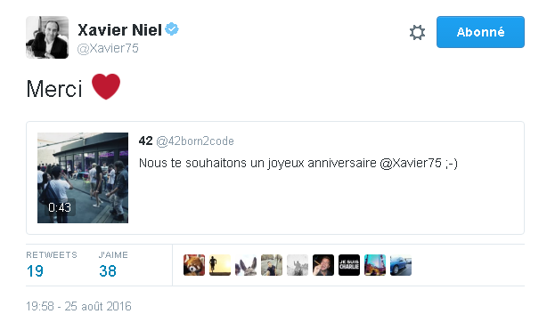 Clin D Oeil Toute L Ecole 42 Chante Joyeux Anniversaire A Xavier Niel Qui Repond Sur Twitter