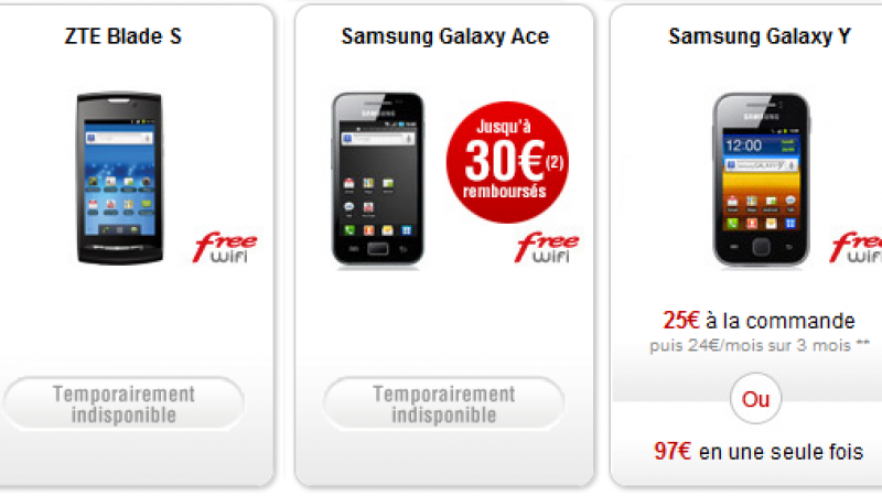 Free Mobile : le Samsung Galaxy Ace et le ZTE Blade S sont temporairement indisponibles